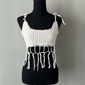 RAGA Crochet Tassel Knit Crop Top w/Adjustable Bow Ties in Off White Size Small